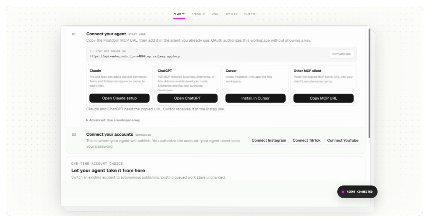 Postdom workspace for connecting an AI agent and social accounts